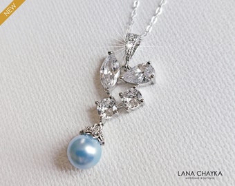 Blue Pearl Bridal Necklace, Light Blue Pearl Wedding Necklace, Single Blue Pearl CZ Pendant, Pastel Blue Pearl Pendant, Something Blue