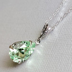 Chrysolite Crystal Necklace, Light Green Teardrop Pendant, Pastel Green Silver Wedding Necklace, Chrysolite Green Wedding Bridesmaid Jewelry
