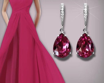 Dark Rose Crystal Earrings, Dark Pink Teardrop Earrings, Pink Rose Dangle Wedding Earrings, Rose Pink Bridesmaid Earrings, Dark Rose Jewelry