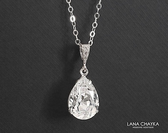 Crystal Teardrop Wedding Chain Necklace, Clear Crystal Bridal Prom Pendant, Bridesmaid Crystal Jewelry