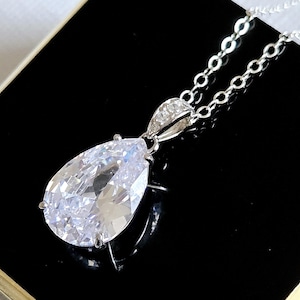 Cubic Zirconia Teardrop Necklace, CZ Sterling Silver Bridal Necklace, Cubic Zircon Wedding Necklace, Wedding CZ Pendant, Prom CZ Necklace