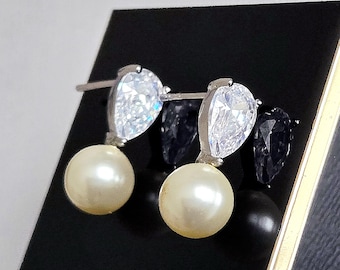 Ivory Pearl CZ Small Bridal Earrings, 0.66"Pearl Wedding Prom Studs, Cream Pearls Jewelry
