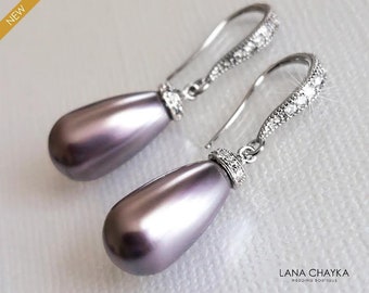 Mauve Pearl Earrings, Wedding Lilac Teardrop Earrings, Light Purple Silver Earrings, Bridal Mauve Jewelry, Wedding Light Purple Earrings