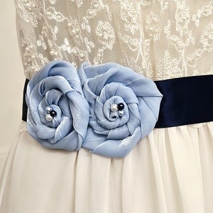 Navy Blue Wedding Sash, Light Blue Flower Rustic Bridal Sash, Blue Maternity Sash, Navy Blue Dress Sash, Blue Satin Embellished Bridal Belt