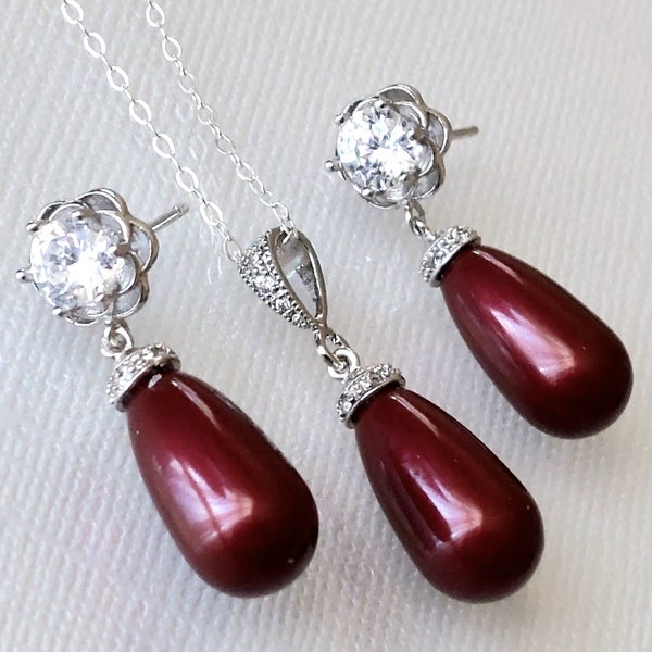 Bordeaux Pearl Jewelry Set, Burgundy Teardrop Pearl Earrings Set, Dark Red Pearl Earrings, Marron Pearl Pendant, Bordeaux Wedding Jewelry