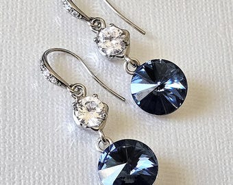 Denim Blue Crystal Silver Dangle Earrings, 1.37"Blue Round Wedding Women Earrings, Prom Jewelry