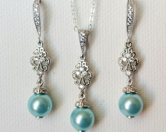 Aqua Blue Pearl Bridal Jewelry Set, Light Teal Pearl Earrings Necklace Set, Aqua Pearl Jewelry, Chandelier Earrings, Pastel Teal Necklace