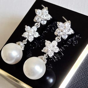 Pearl Bridal Earrings, White Pearl Chandelier Wedding Earrings, Pearl Bridal Dangle Earrings, Wedding Pearl Bridal Jewelry Pearl CZ Earrings