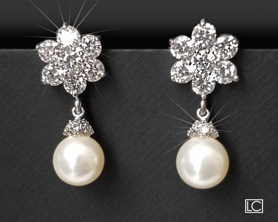Pearl Bridal Earrings Swarovski White Pearl Silver Earrings | Etsy
