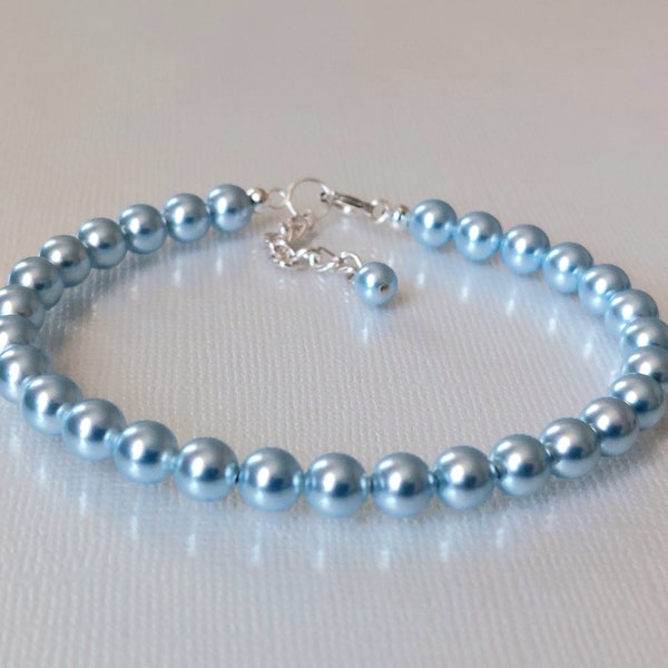 Blue Pearl Wedding Bracelet, Blush Blue Pearl Bridal Bracelet, Light Blue Pearl Silver Dainty Bracelet, Blue Pearl Bridal Wedding Jewelry