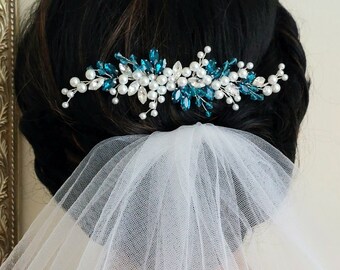 Teal White Wedding Hair Comb, Peacock Crystal Pearl Side Hair Comb, indicolite White Hairpiece, Wedding Hair Accessories, Bridal Headpiece