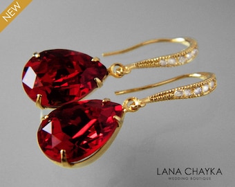 Red Crystal Gold Earrings, Swarovski Siam Red Teardrop Earrings, Bridal Bridesmaids Red Dangle Earrings, Wedding Red Jewelry, Prom Jewelry