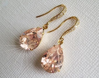 Blush Pink Champagne Gold Crystal Earrings, Vintage Rose Teardrop Wedding Earrings, Blush Pink Bridesmaids Jewelry, Pink Champagne Jewelry