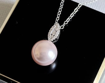 Pink Pearl Sterling Silver Necklace, Blush Pink Pearl Bridal Pendant, Light Pink Pearl Wedding Bridal Necklace Pink Pearl Drop Prom Necklace