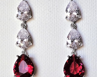 Red Crystal Cubic Zirconia Chandelier Wedding Earrings: 1.49"Ruby Teardrop Dangle Bridal Earrings, Red  Statement Jewelry