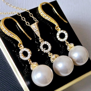 Pearl Gold Bridal Jewelry Set, White Pearl Earrings Necklace Set, Wedding Bridal Pearl Gold Jewelry, Pearl Chandelier Earrings, Pendant Set