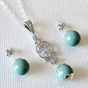 Jade Mint Pearl Silver Earrings Necklace Set, Aqua Green Pearls Studs, Jade Women Jewelry image 7