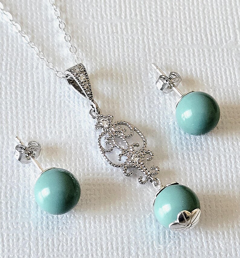 Jade Mint Pearl Silver Earrings Necklace Set, Aqua Green Pearls Studs, Jade Women Jewelry image 7