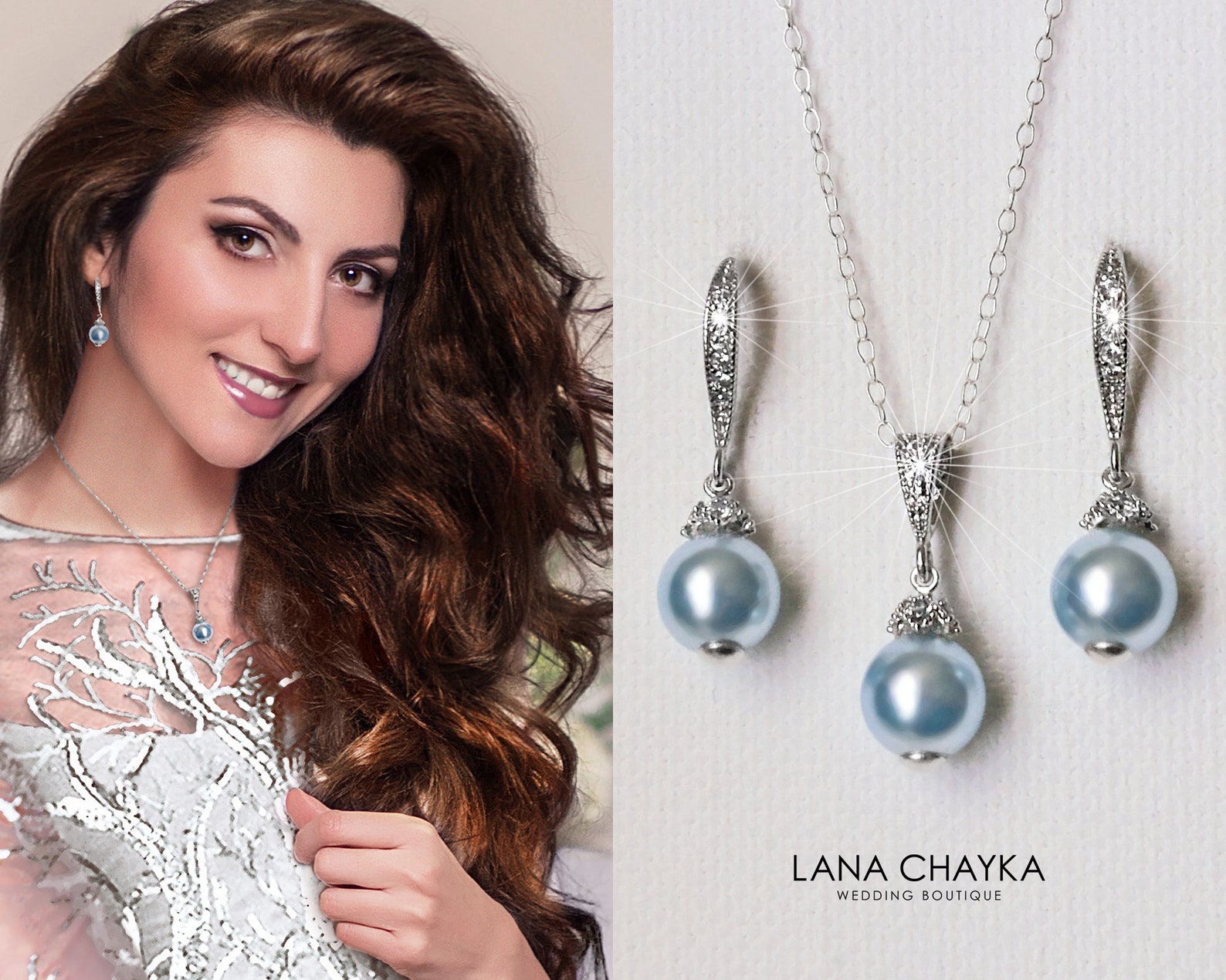 Blue Pearl Bridal Jewelry Set Swarovski Light Blue Pearl Etsy