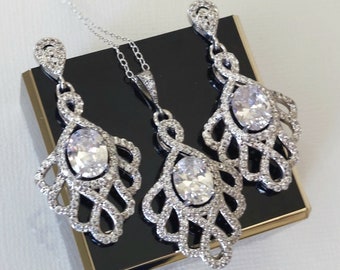 Crystal Wedding Jewelry Set, Cubic Zirconia Bridal Set, Statement Bridal Earrings, Sparkly Jewelry Set, Chandelier Earrings, Crystal Pendant