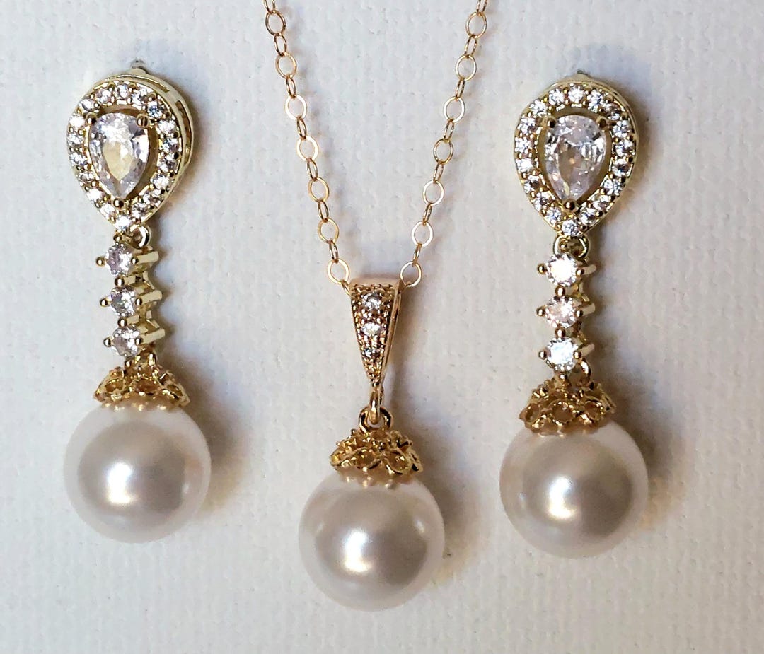 White Pearl Gold Bridal Jewelry Set, Pearl Wedding Earrings Necklace ...