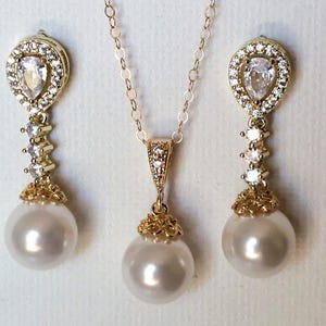White Pearl Gold Bridal Jewelry Set, Pearl Wedding Earrings Necklace Set, Pearl Bridal Necklace Set, Bridal Wedding Jewelry, Prom Jewelry
