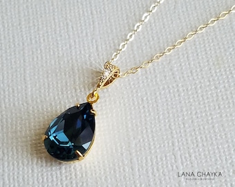 Navy Blue Gold Crystal Necklace Swarovski Montana Teardrop Necklace Dark Navy Blue Wedding Necklace Bridal Bridesmaid Navy Blue Jewelry