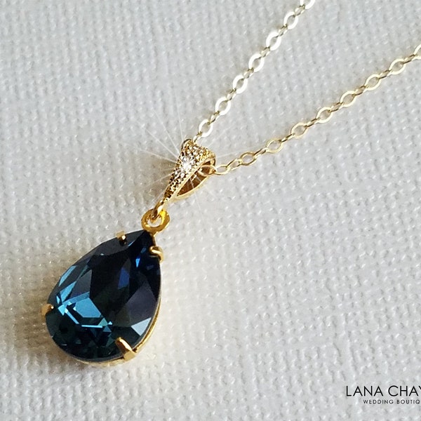 Navy Blue Gold Crystal Necklace Swarovski Montana Teardrop Necklace Dark Navy Blue Wedding Necklace Bridal Bridesmaid Navy Blue Jewelry