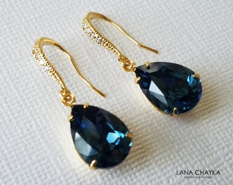 Navy Blue Gold Crystal Earrings, Swarovski Montana Teardrop Earrings, Dark Navy Blue Rhinestone Wedding Earrings, Bridal Bridesmaids Jewelry