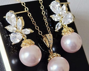 Pink Pearl Gold CZ Wedding Jewelry Set, Blush Pink Earrings Necklace Bridal Prom Set, Light Pink Pearl Jewelry