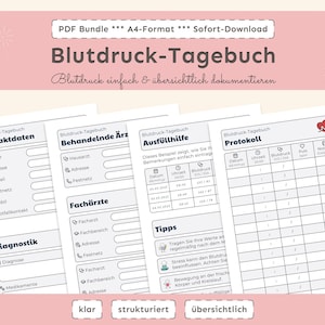 Könnte beinhalten: Ein PDF-Bundle mit druckbaren Blutdruckprotokollen. Die Protokolle enthalten Abschnitte für Kontaktinformationen, Details zum Arzt und ein Blutdruckprotokoll. Das Design ist sauber mit einem rosa und weißen Farbschema.