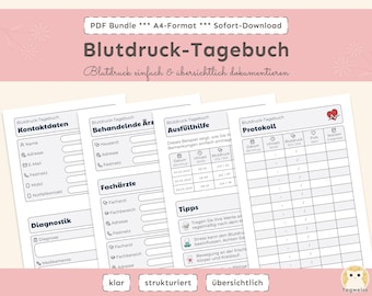 Printable blood pressure diary: PDF, A4 health planner for daily blood pressure readings, pulse, notes.