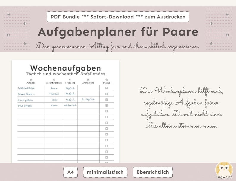 Aufgabenplaner für Paare zum Ausdrucken | Haushaltsaufgaben & Mental Load übersichtlich teilen | Minimalistischer PDF Planer A4
