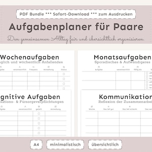 Könnte beinhalten: Ein druckbares PDF-Bundle mit dem Titel "Aufgabenplaner für Paare". Das Design umfasst Abschnitte für Wochen-, Monats-, kognitive Aufgaben und Kommunikation, mit einem minimalistischen Stil und einer hellen Farbpalette. Das Dokument ist A4 groß.