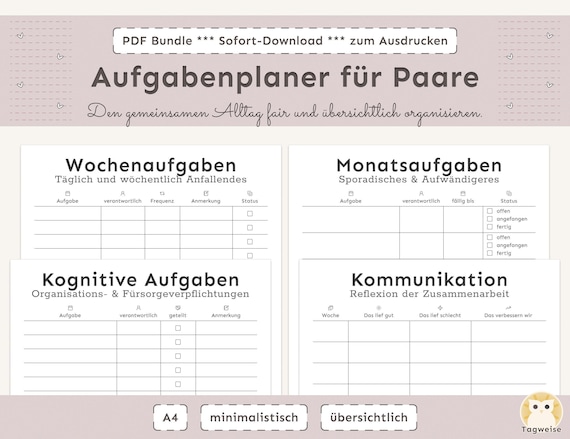 Aufgabenplaner für Paare zum Ausdrucken für faire Aufgabenteilung und Reduktion von Mental Load