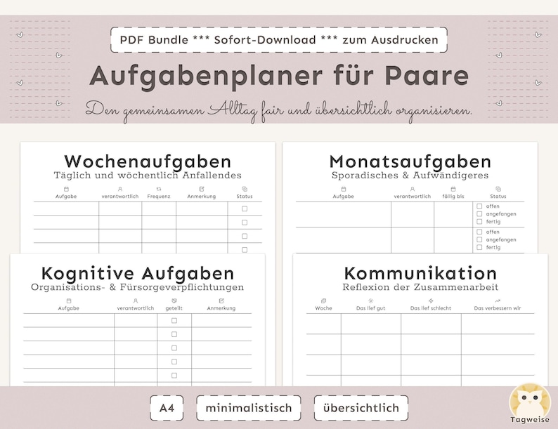 Aufgabenplaner für Paare zum Ausdrucken | Haushaltsaufgaben & Mental Load übersichtlich teilen | Minimalistischer PDF Planer A4