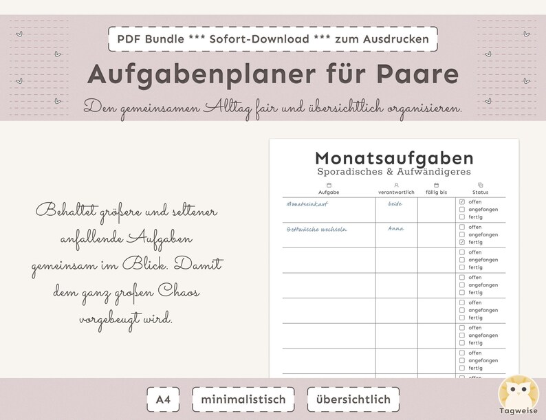 Aufgabenplaner für Paare zum Ausdrucken | Haushaltsaufgaben & Mental Load übersichtlich teilen | Minimalistischer PDF Planer A4