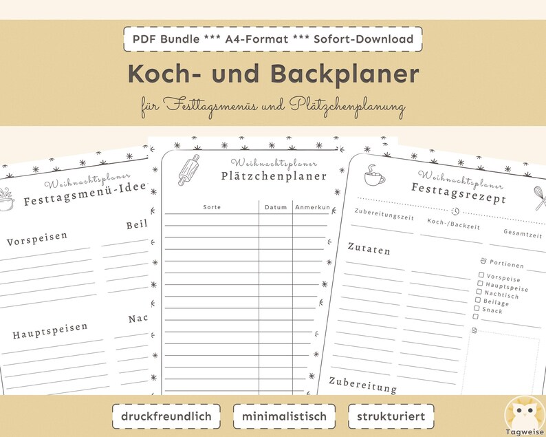 Weihnachtsplaner (A4) – minimalist planner zum Ausdrucken; weihnachtsplaner pdf, Festtagsmenü und Plätzchenplaner.