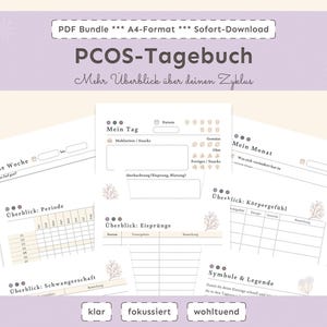 May include: A collection of printable PDF pages for a PCOS journal, featuring sections for tracking cycles, symptoms, and other health information. The pages are in a soft color palette with floral accents and German text.