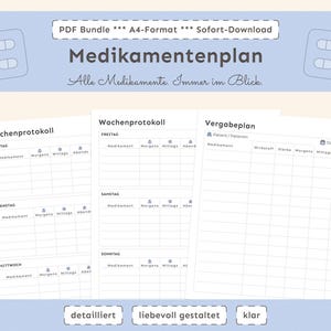 Könnte beinhalten: Ein PDF-Bundle mit druckbaren Medikamenten-Tracking-Blättern. Die Blätter enthalten ein Wochenprotokoll und einen Medikamentenverabreichungsplan. Der Text enthält "Medikamentenplan" und "Alle Medikamente. Immer im Blick."