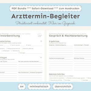 Könnte beinhalten: Ein druckbares PDF-Bundle mit dem Titel "Arzttermin-Begleiter" (Arzttermin-Begleiter) auf Deutsch. Das Design ist minimalistisch und enthält Formulare für die Terminvorbereitung und -nachbereitung.