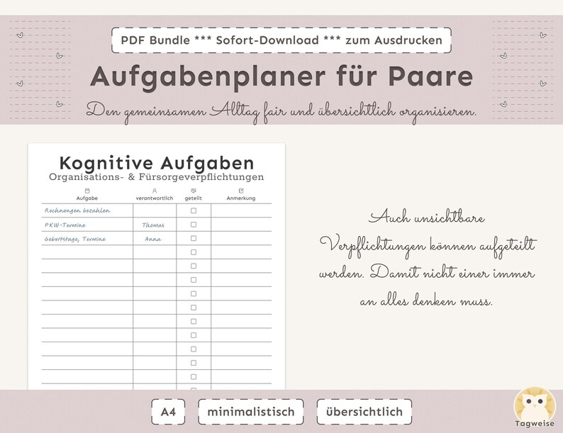 Aufgabenplaner für Paare zum Ausdrucken | Haushaltsaufgaben & Mental Load übersichtlich teilen | Minimalistischer PDF Planer A4