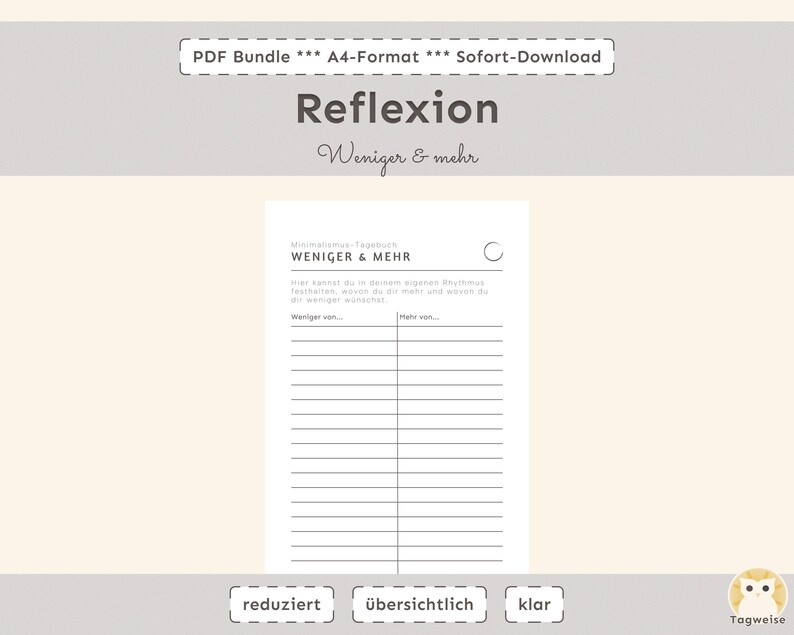 Minimalismus-Tagebuch | Digitales Achtsamkeits-Journal zum Ausdrucken | Printable Selbstreflexion & Klarheit
