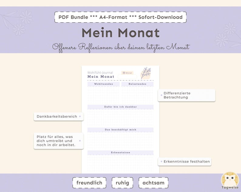 Wohlfühl-Journal im A4-Format mit Stimmungs- und Selbstfürsorge-Seiten