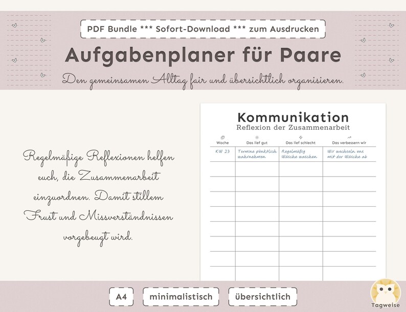 Aufgabenplaner für Paare zum Ausdrucken für faire Aufgabenteilung und Reduktion von Mental Load