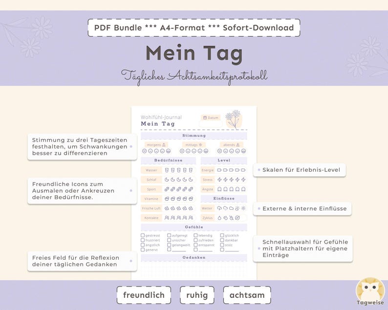 Wohlfühl-Journal im A4-Format mit Stimmungs- und Selbstfürsorge-Seiten