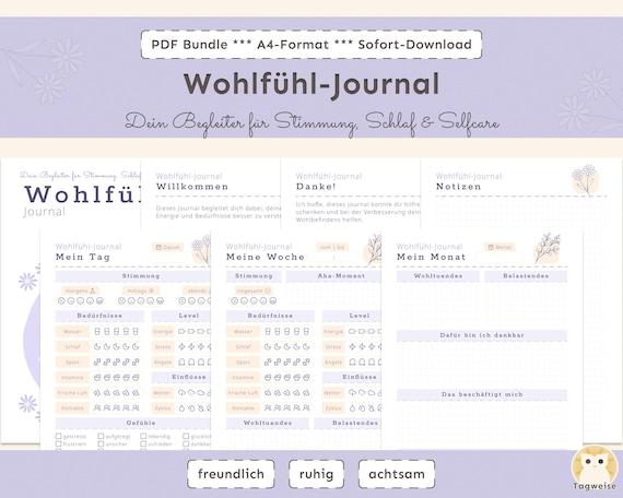 Wohlfühl-Journal (PDF, A4) zum Ausdrucken: Bedürfnisse erkennen und Stimmung tracken