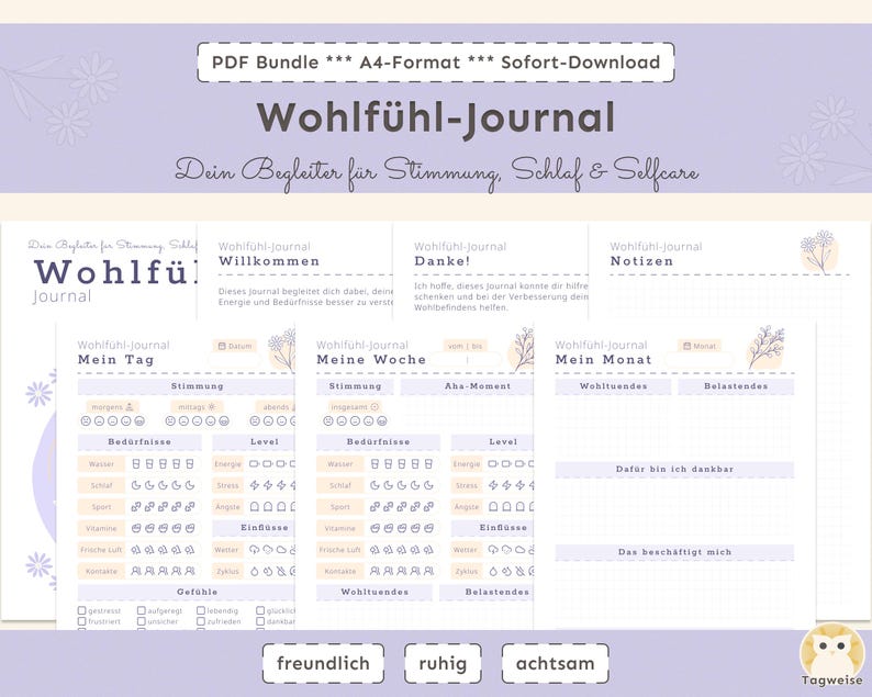 Wohlfühl-Journal im A4-Format mit Stimmungs- und Selbstfürsorge-Seiten