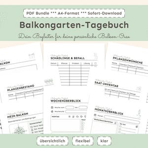 Könnte beinhalten: Ein Set druckbarer Gartenjournalseiten mit deutschen Überschriften wie "Mein Balkon" und "Pflanzenwünsche". Die Schwarz-Weiß-Seiten bieten Platz für Notizen und Skizzen. Das obere Banner lautet "PDF Bundle A4-Format Sofort-Download."
