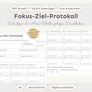Protocolo interativo de foco e metas com minietapas e priorização, digital e para impressão | Modelo em PDF A4 para impressão